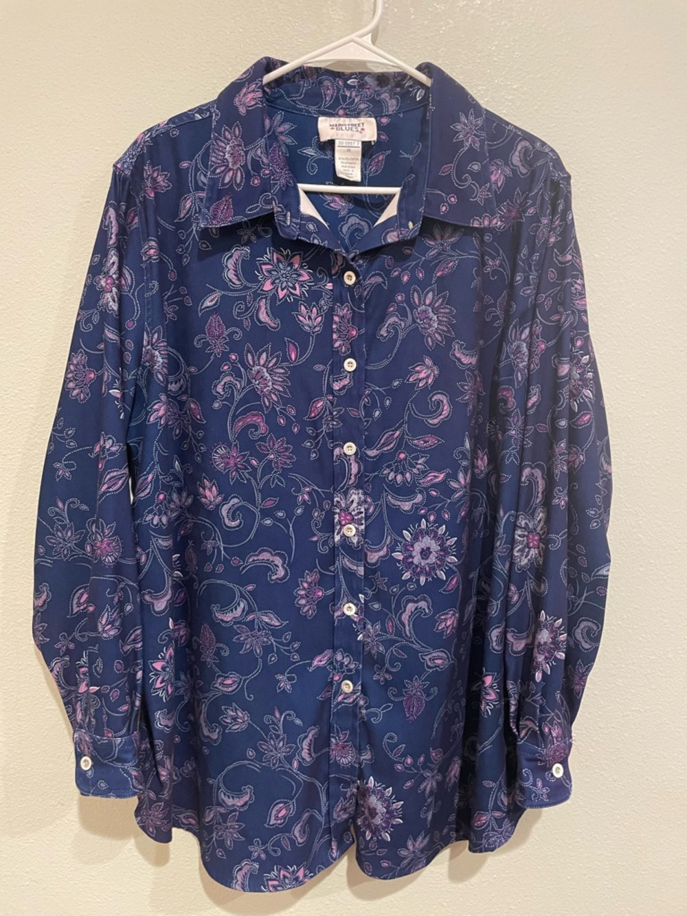 Mainstreet Blues Navy Paisley Blouse with Pink Accents